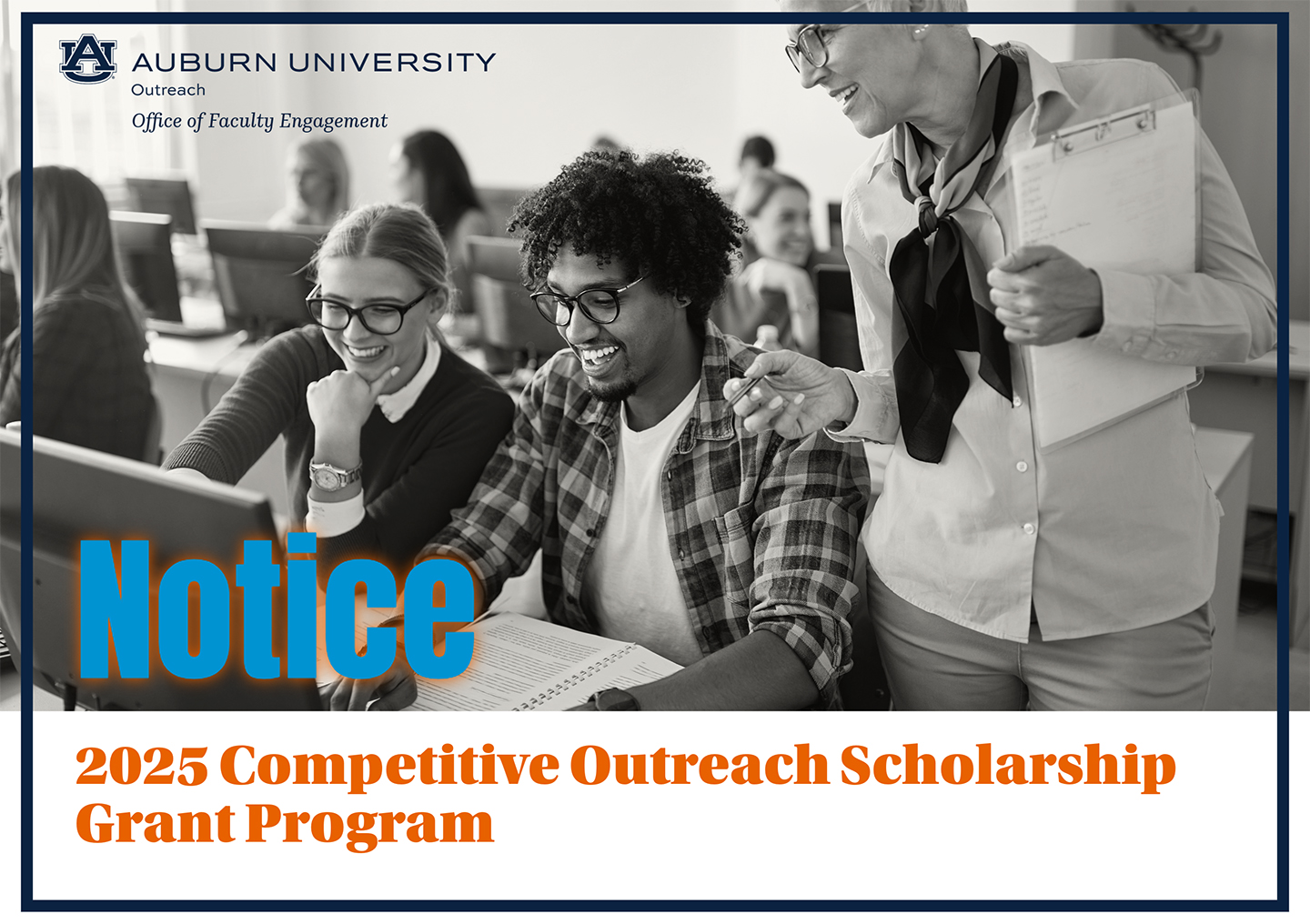 Auburn University Office of Faculty Engagement promotional image for the Competitive Outreach Scholarship Grant Program. Three individuals collaborate in a classroom setting, reflecting faculty engagement and community partnership. The program supports projects that address societal needs in Alabama and beyond through reciprocal university-community collaboration.