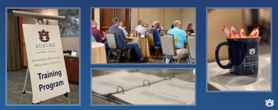 Collage of photos from Training Program - sign, binder, view of class, cup full of pens