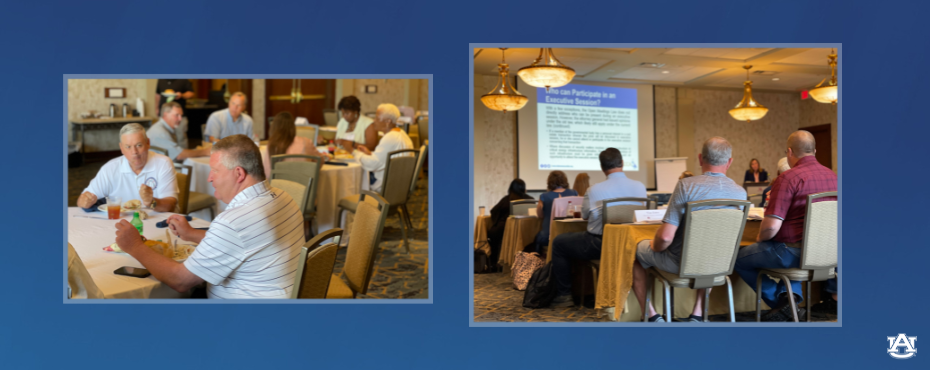 Participants sit at tables eating lunch during training program and sit and listen to presentation.