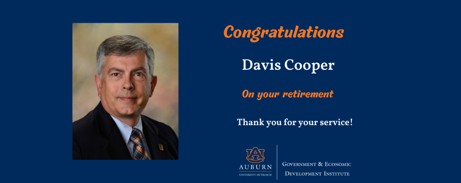 Image of Davis Cooper and text 'Congratulations Davis Cooper on your retirement. Thank you for your service.'