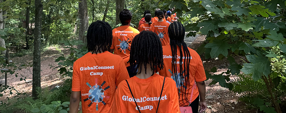 The backs of students walking through trees.