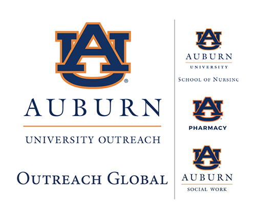 auburn outreach, nursing, pharmacy, and social work logos