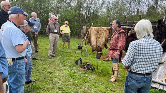Pete Dunaway of the Lee County Historical Society showed OLLI members a Creek Indian encampment during the Local Living History course at Pioneer Park.