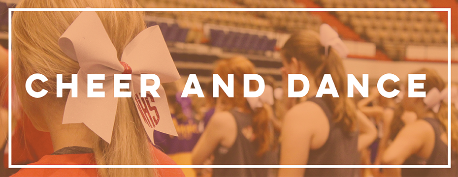 cheerleaders in a basketball gym an orange overlay and border with the words "cheer and dance" over it