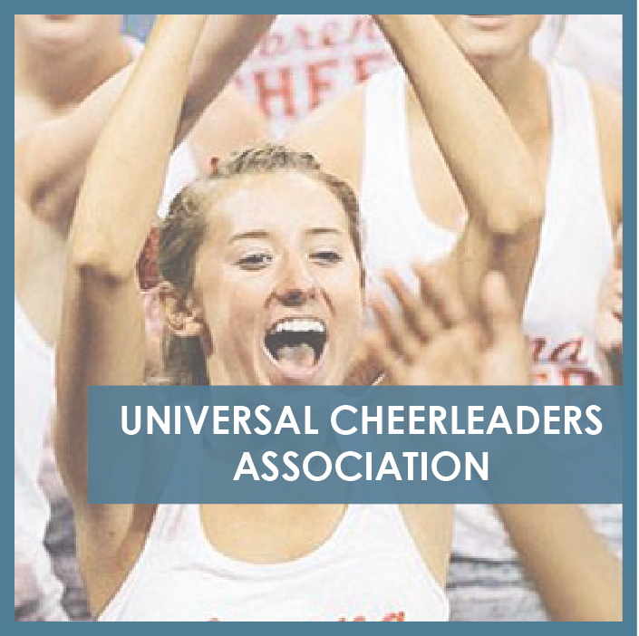 cheerleader smiling and clapping her hands over her head. text overlay says universal cheerleaders association.
