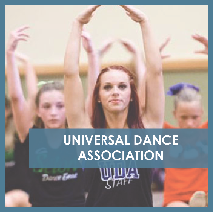 dancers smiling with arms over their heads forming an oval shape. text overlay says universal dance association