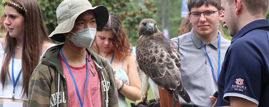Two students talk to a Vet Med student as he holds a bird.