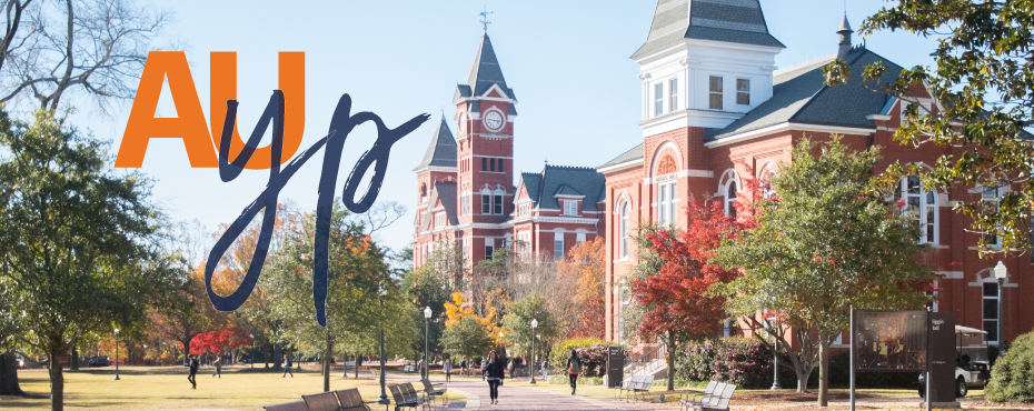 picture of campus building overlaid with text that reads A U Y P