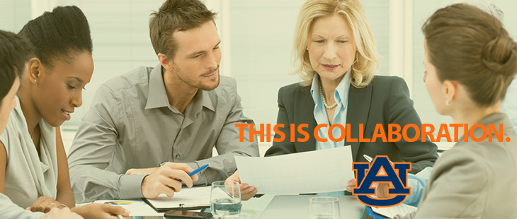 stock image of a group of people in a meeting reviewing a document sitting around a conference table. there is a text overlay that says "this is collaboration"