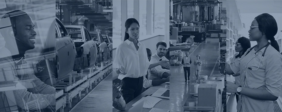 banner of several images of people working with a blue overlay